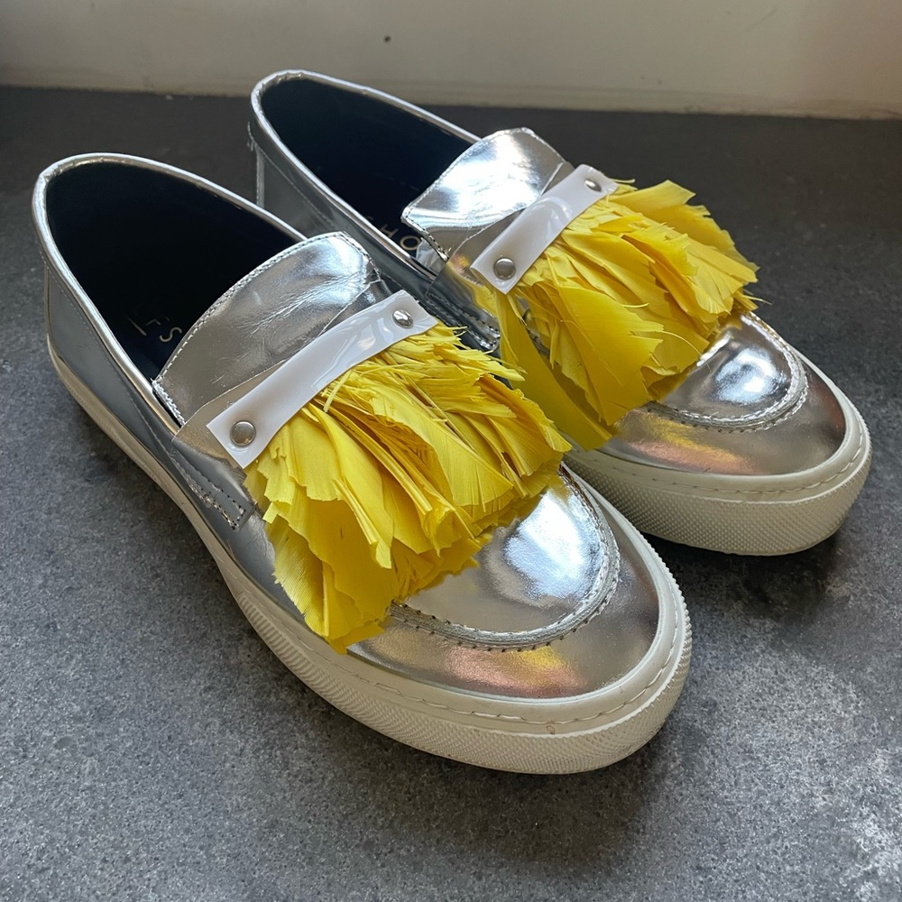 Silver Leather Loafers with Feather